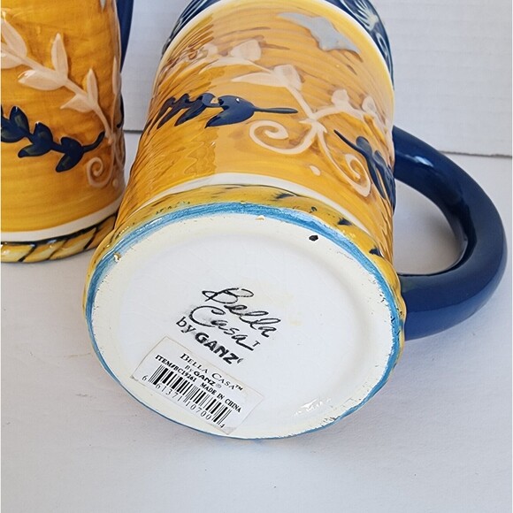 BELLA CASA by Ganz Mugs Cups Handpainted Tall Coffee Latte Blue Gold Vtg 2 Piece - Picture 6 of 9